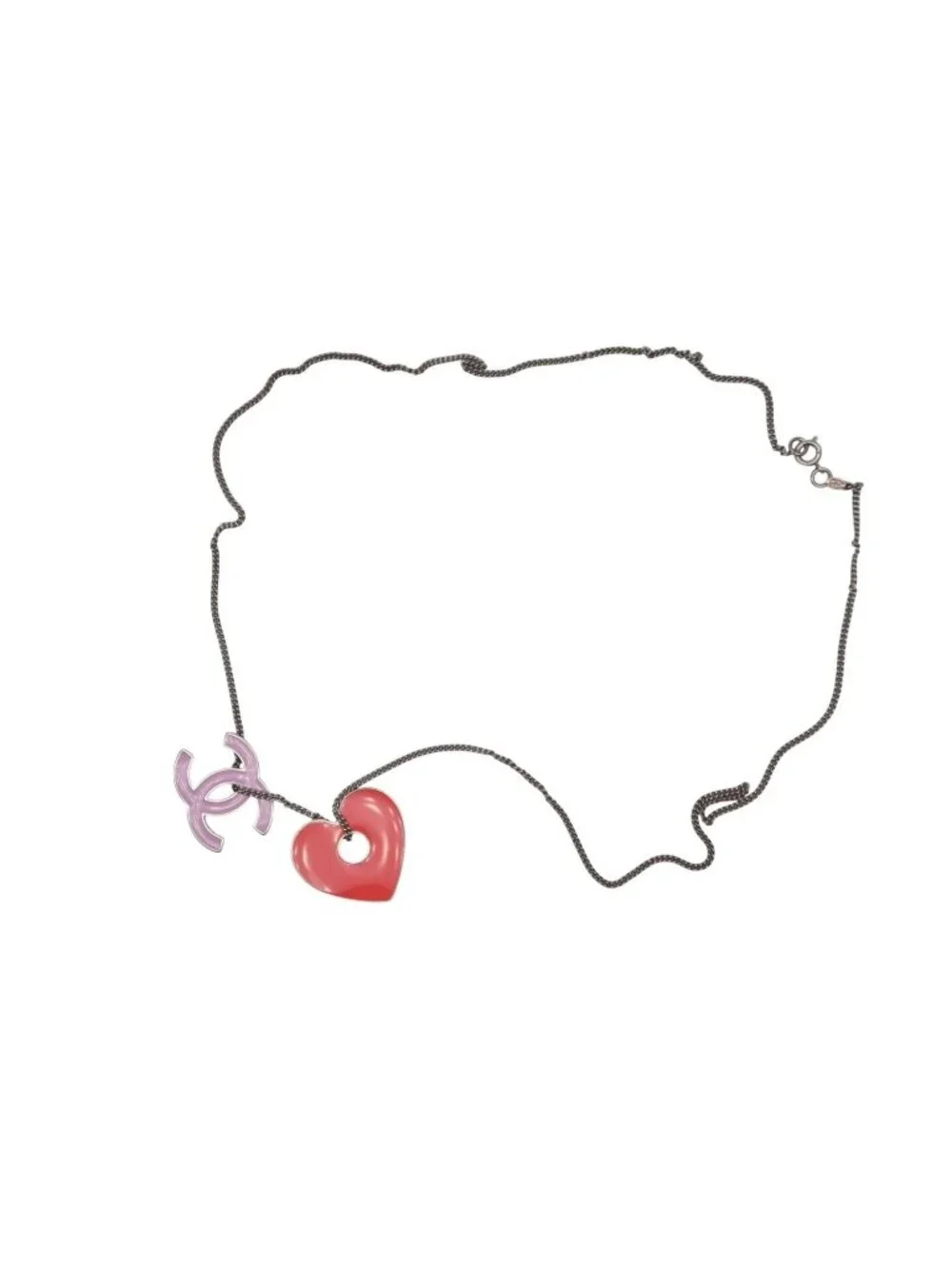 Chanel CC Logo Heart Necklace Metal Pink Red Silver